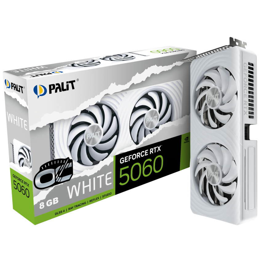 A large main feature product image of Palit GeForce RTX 5060 Dual OC 8GB GDDR7 - White