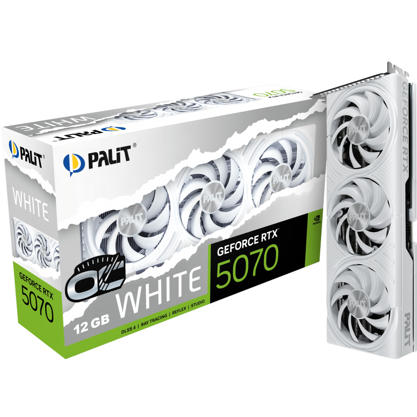 A large main feature product image of Palit GeForce RTX 5070 OC 12GB GDDR7 - White