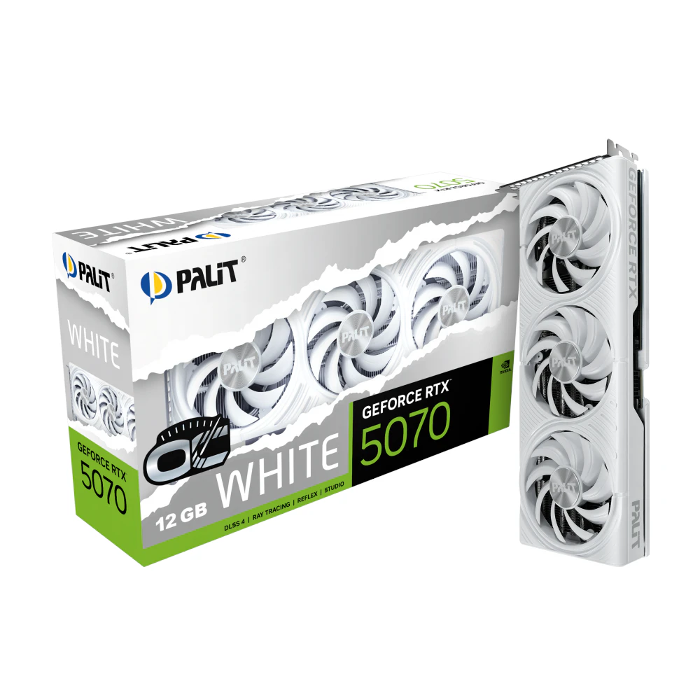 A large main feature product image of Palit GeForce RTX 5070 OC 12GB GDDR7 - White
