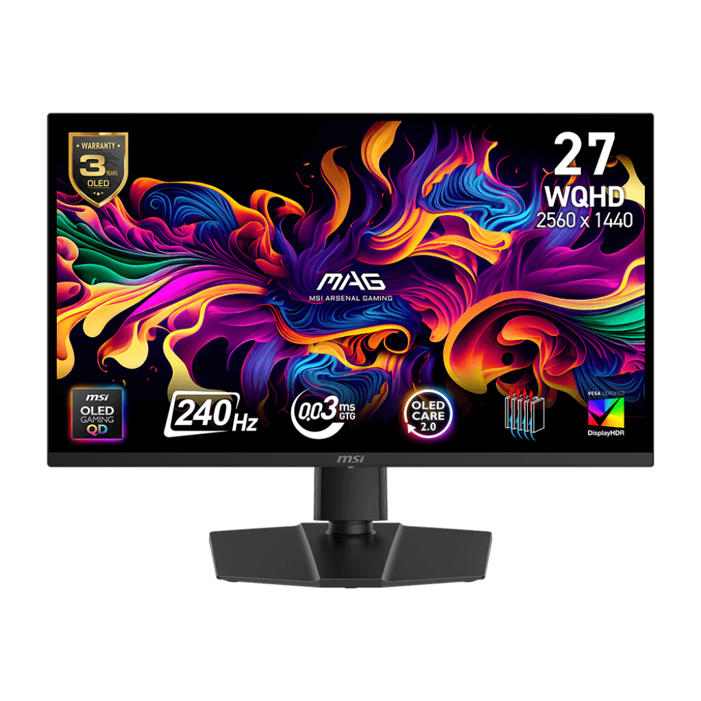 A large main feature product image of EX-DEMO MSI MAG 273QP QD-OLED X24 - 27" 1440p 240Hz 0.03ms QD-OLED Gaming Monitor