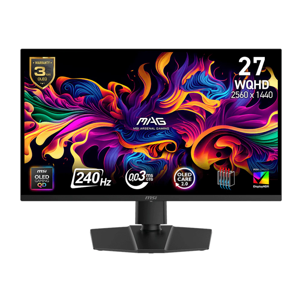 A large main feature product image of EX-DEMO MSI MAG 273QP QD-OLED X24 - 27" 1440p 240Hz 0.03ms QD-OLED Gaming Monitor