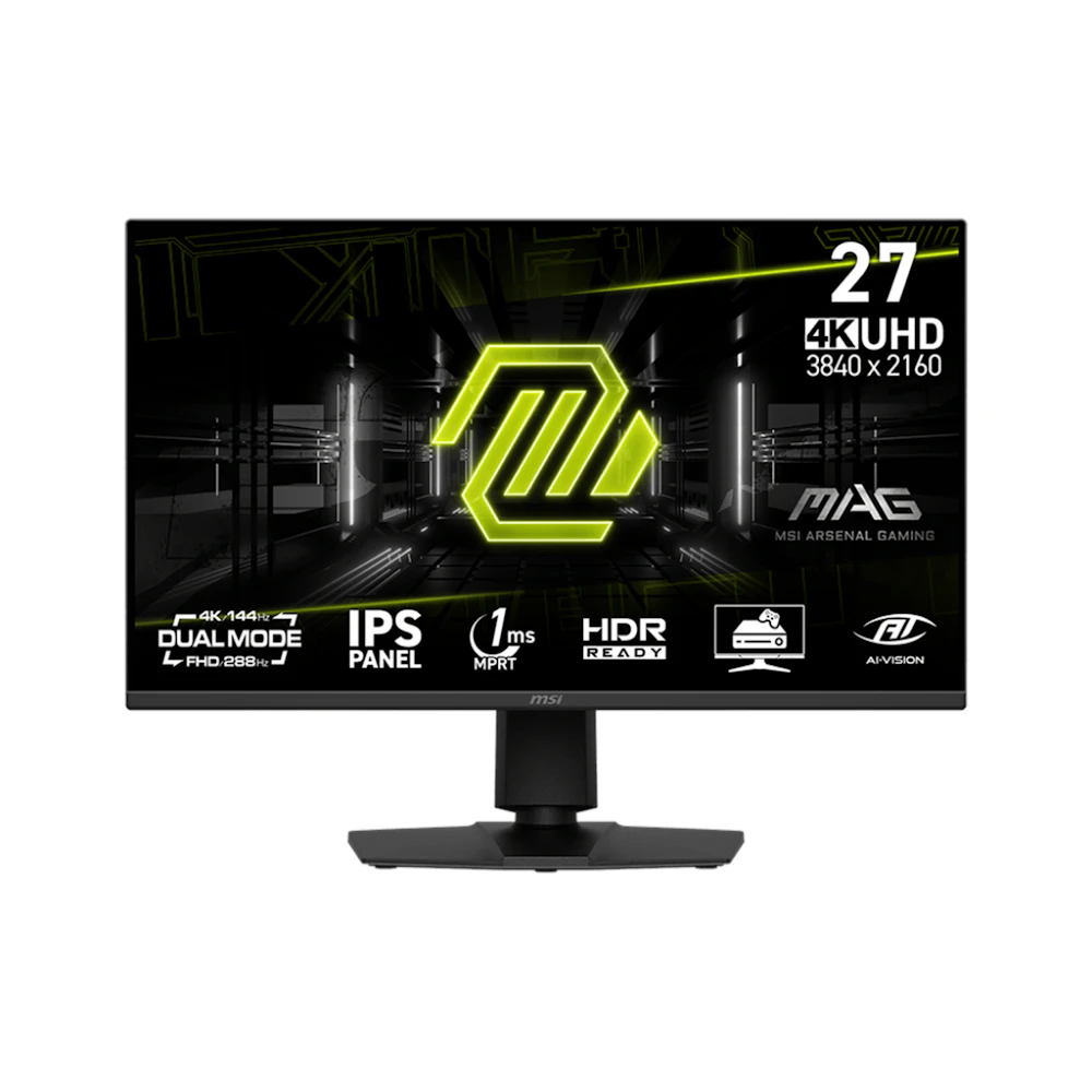 A large main feature product image of EX-DEMO MSI MAG 275UPD E14 - 27" 4K 2160p 144Hz / 1080p 288Hz Dual-Mode IPS Gaming Monitor