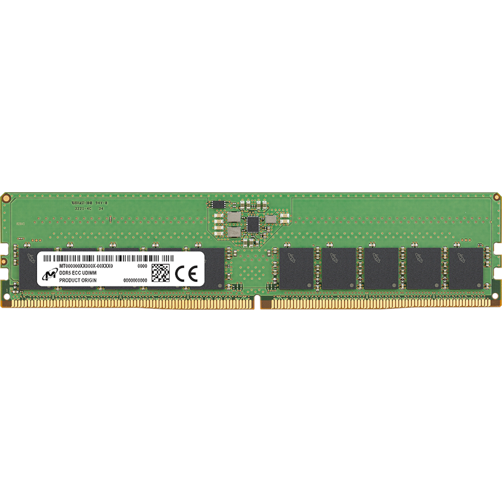 A large main feature product image of Micron 16GB Single (1x16GB) DDR5-5600 C46 ECC 2Rx8 Server Data Center Memory