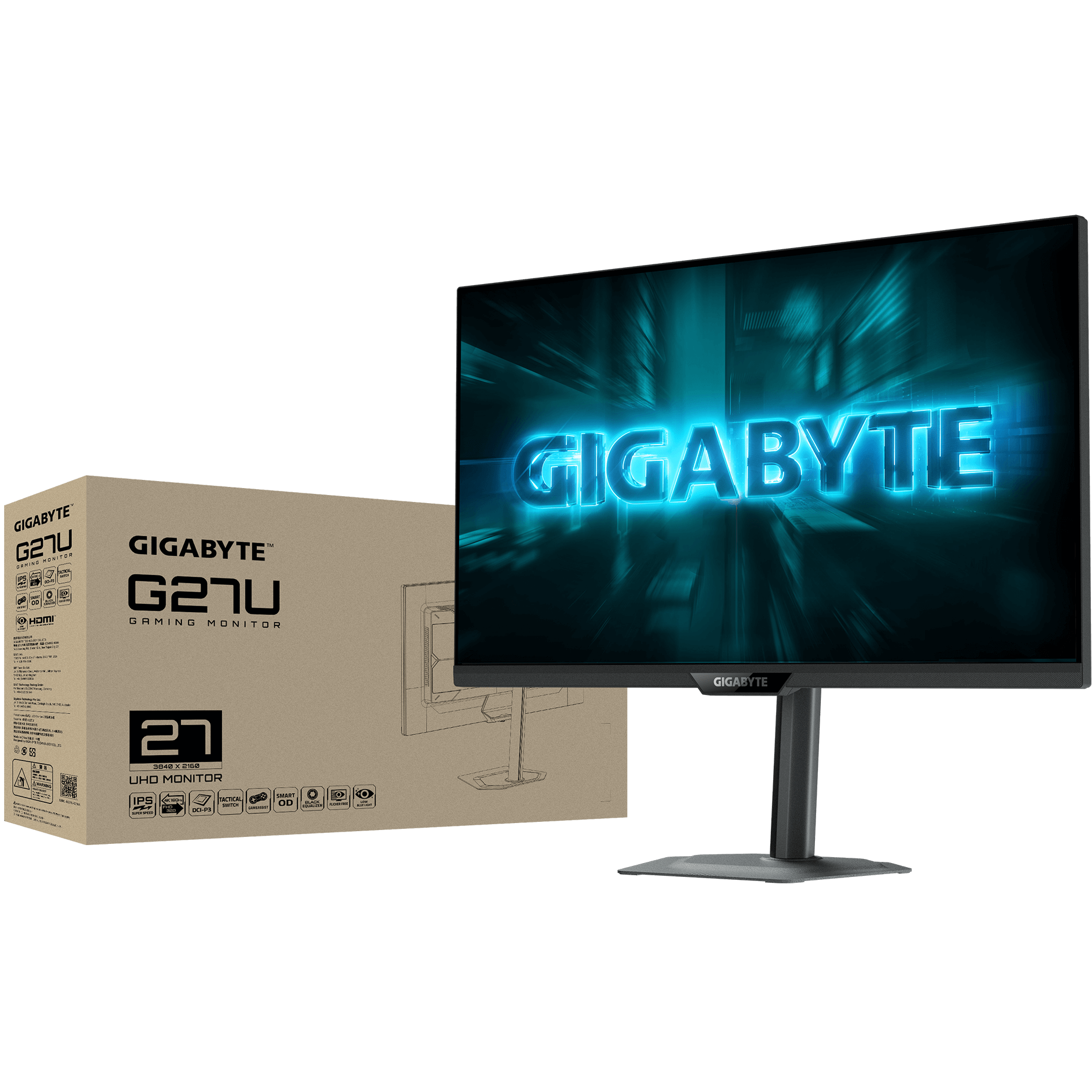 A large main feature product image of Gigabyte G27U - 27" 4K 2160p 160Hz/ 1080p 320Hz SS IPS Gaming Monitor