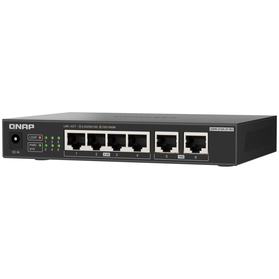A large main feature product image of QNAP QSW-2104-2T-R2 10GbE/2.5GbE 6-Port Network Switch (Revision 2)
