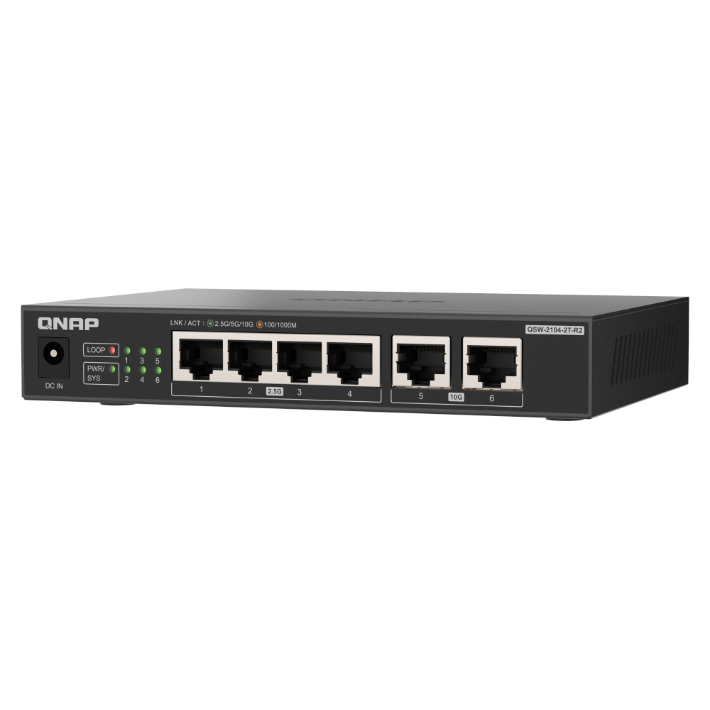 A large main feature product image of QNAP QSW-2104-2T-R2 10GbE/2.5GbE 6-Port Network Switch (Revision 2)