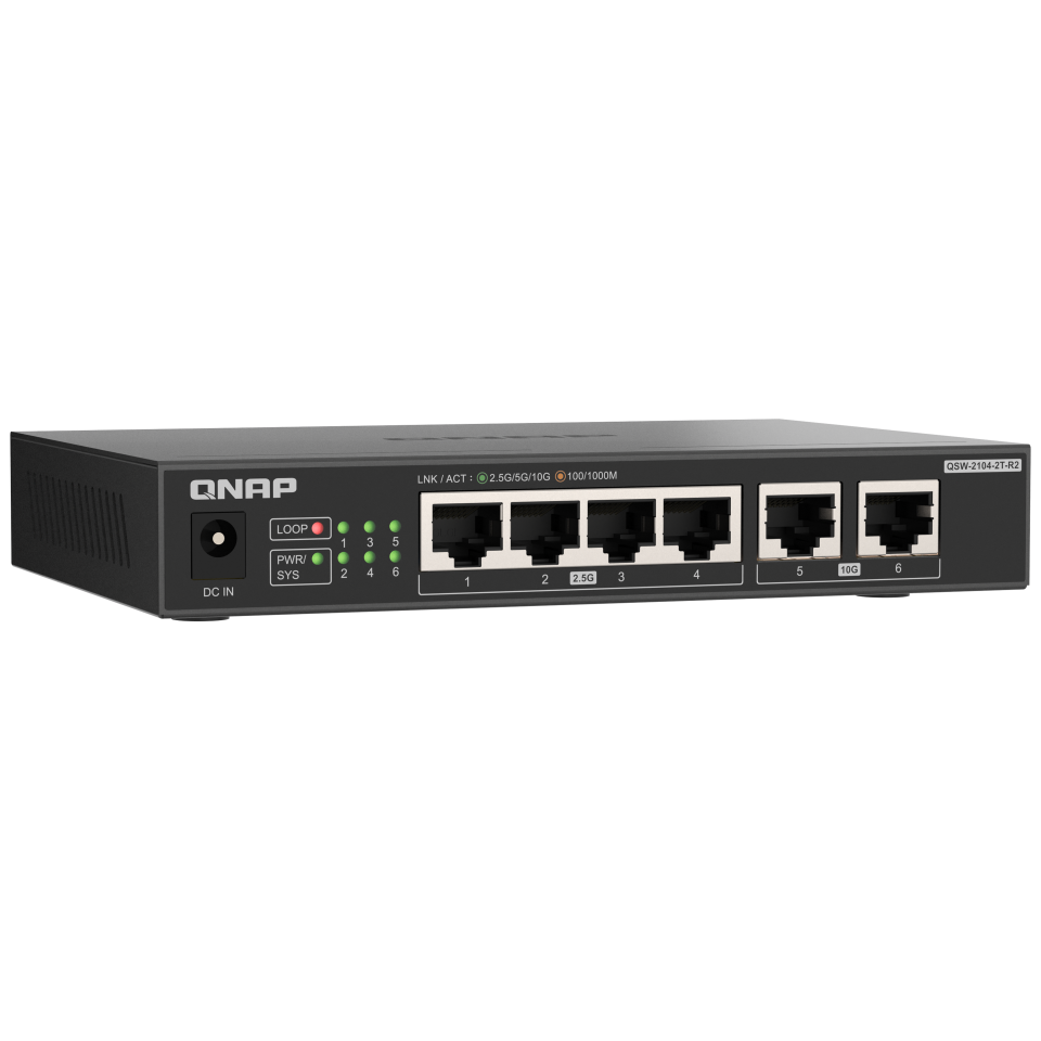 A large main feature product image of QNAP QSW-2104-2T-R2 10GbE/2.5GbE 6-Port Network Switch (Revision 2)