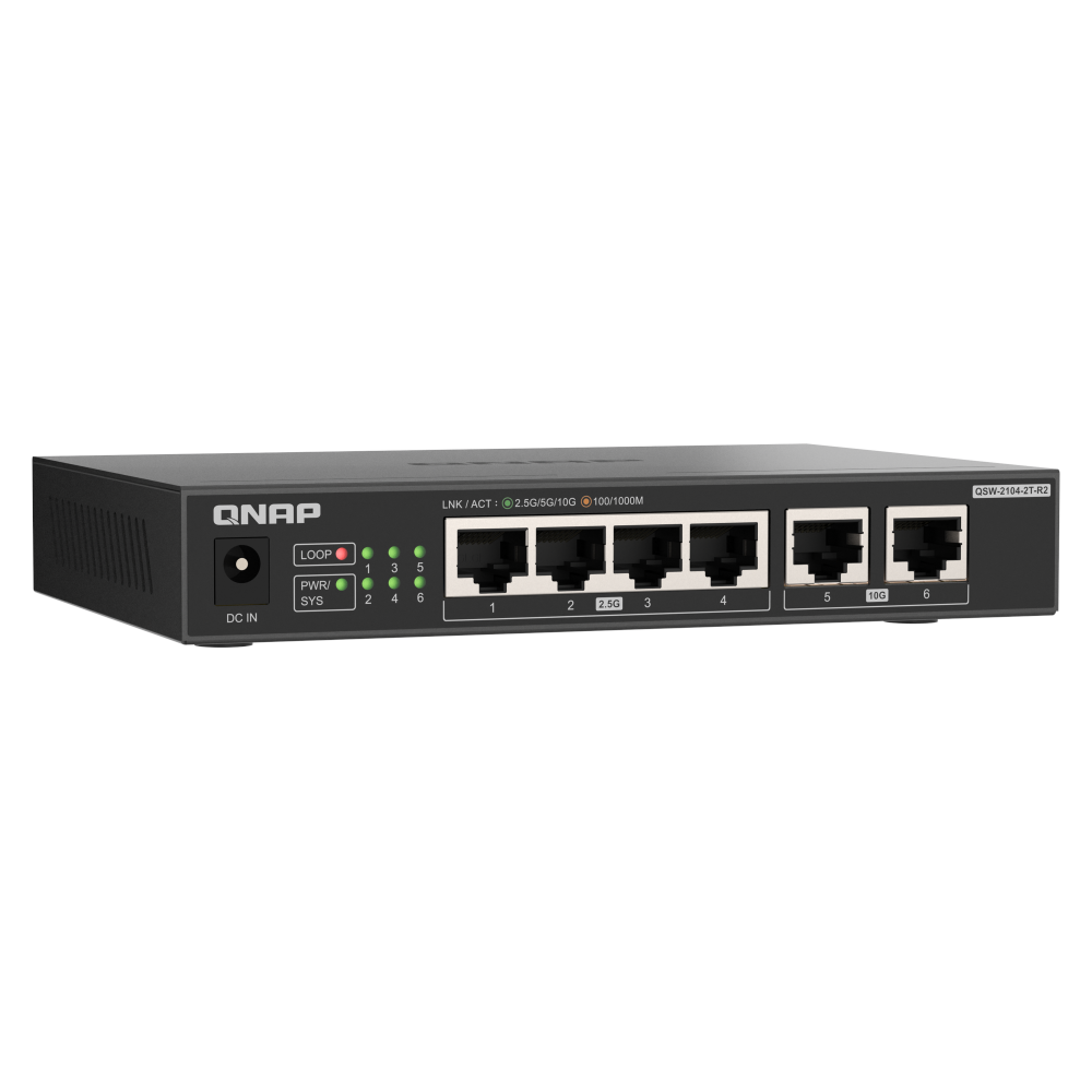 A large main feature product image of QNAP QSW-2104-2T-R2 10GbE/2.5GbE 6-Port Network Switch (Revision 2)