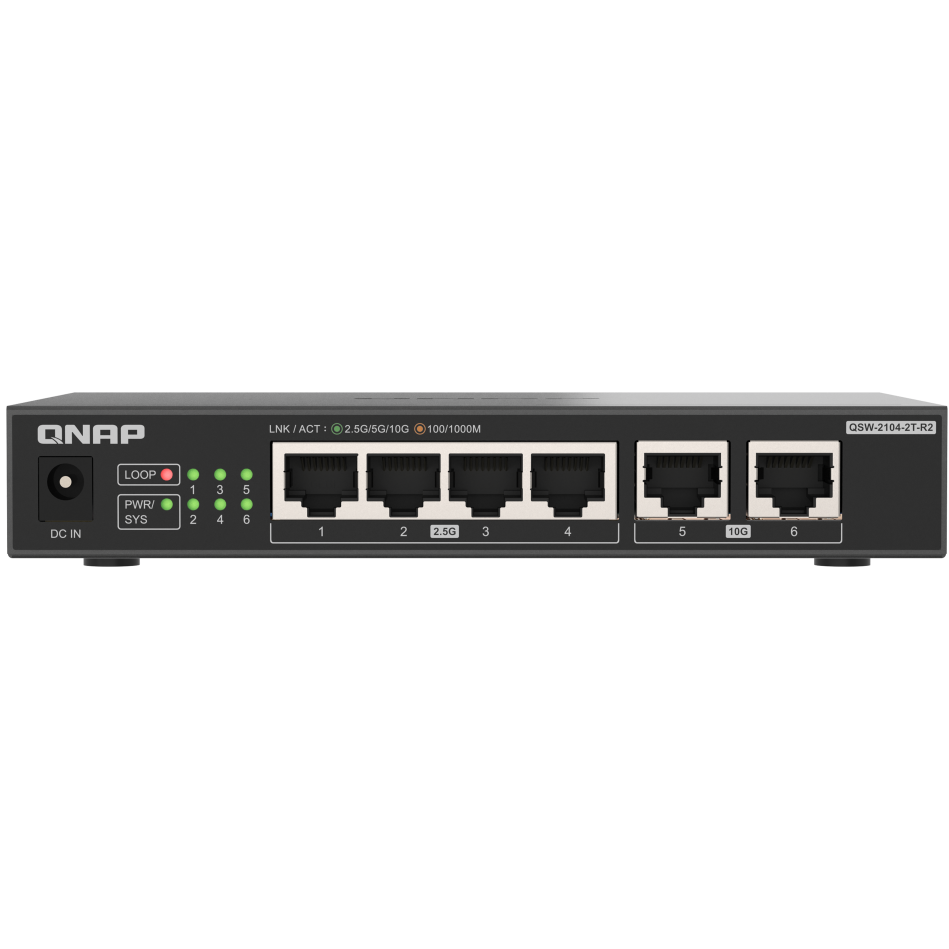 A large main feature product image of QNAP QSW-2104-2T-R2 10GbE/2.5GbE 6-Port Network Switch (Revision 2)