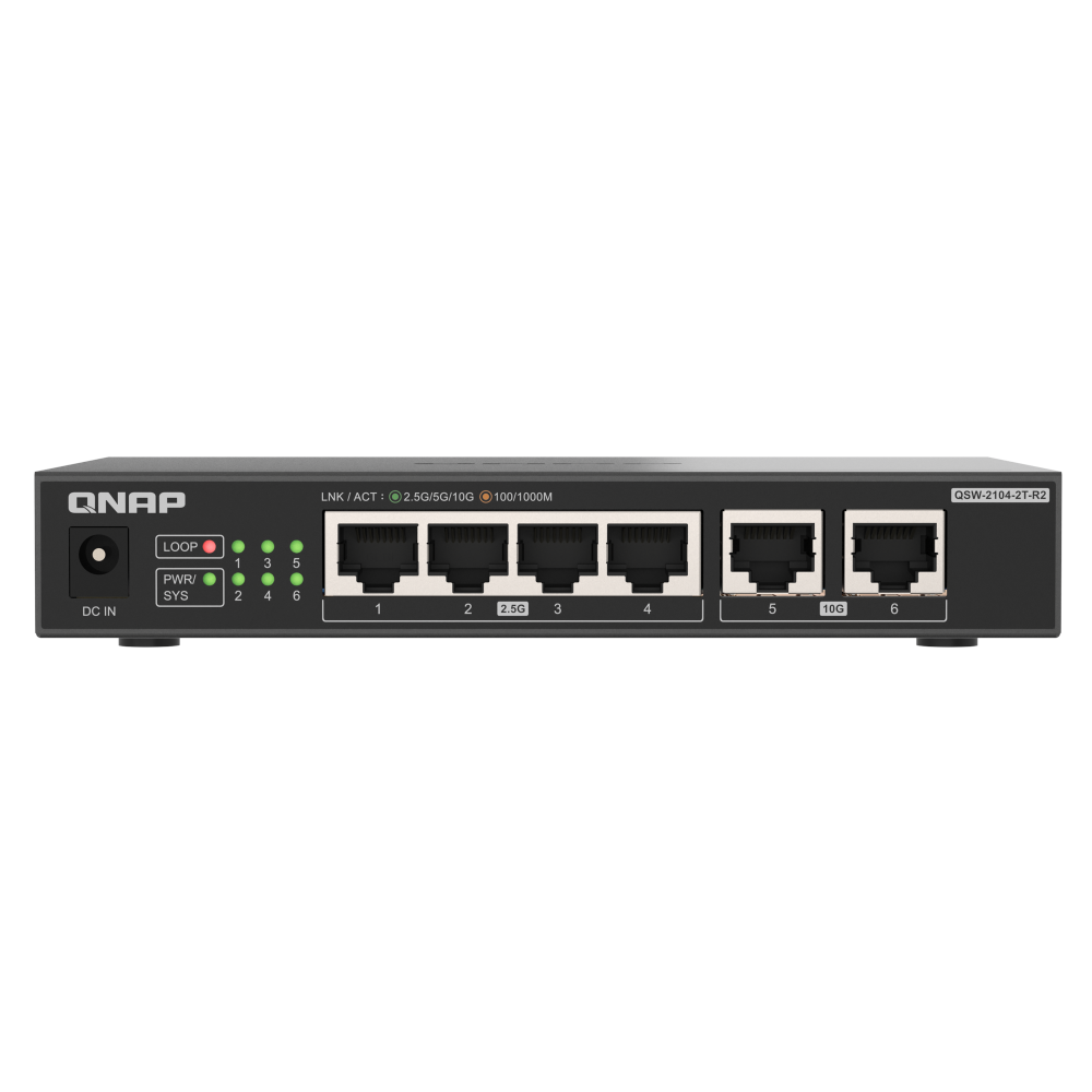 A large main feature product image of QNAP QSW-2104-2T-R2 10GbE/2.5GbE 6-Port Network Switch (Revision 2)