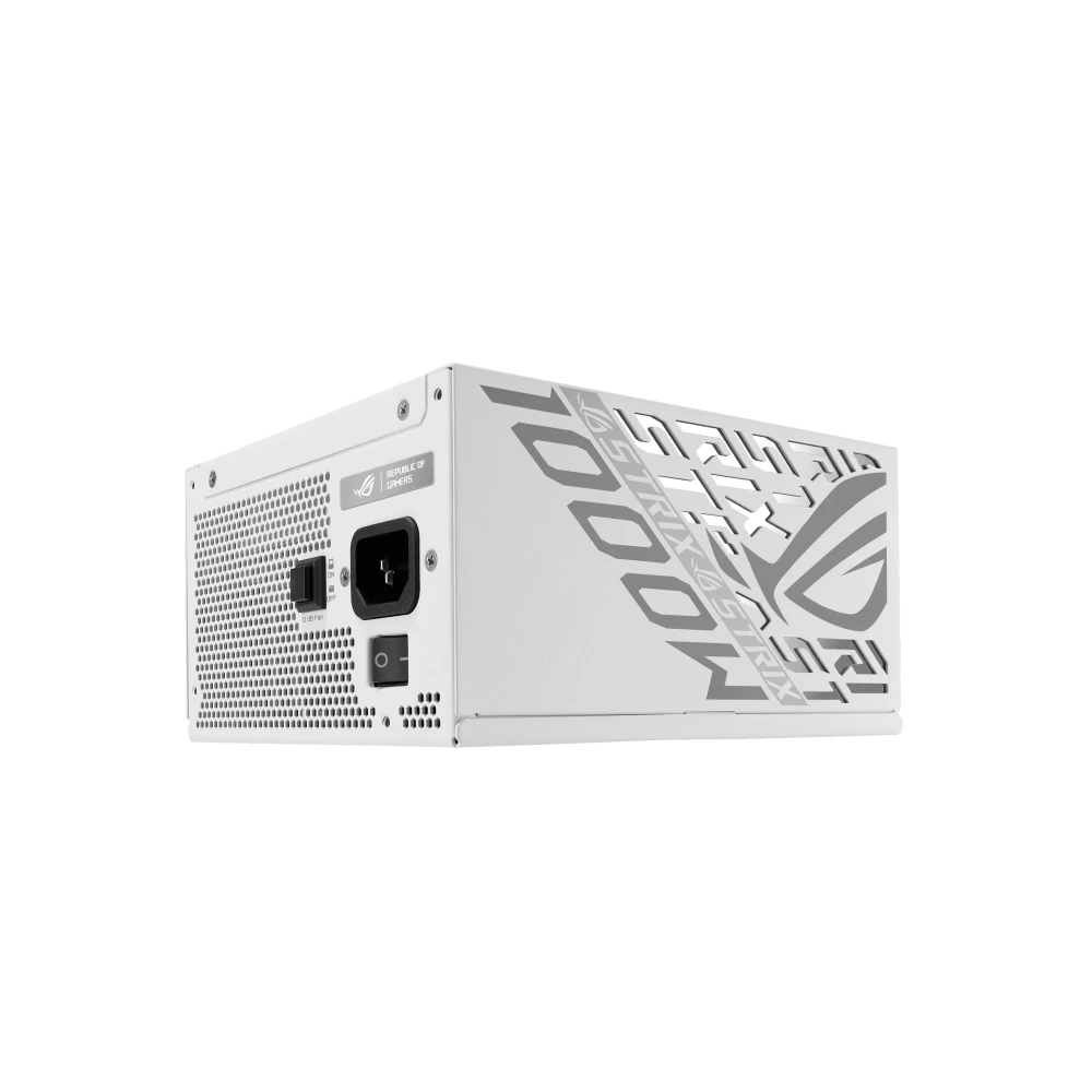 A large main feature product image of EX-DEMO ASUS ROG Strix 1000W Platinum PCIe 5.0 ATX Modular PSU - White