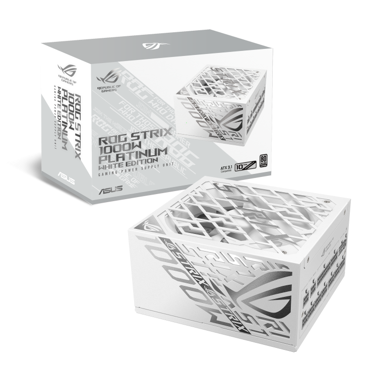 A large main feature product image of EX-DEMO ASUS ROG Strix 1000W Platinum PCIe 5.0 ATX Modular PSU - White