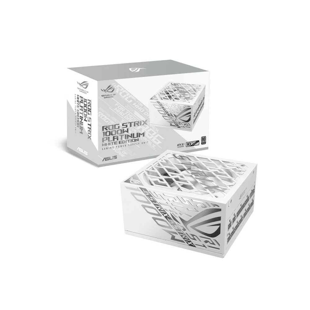 A large main feature product image of EX-DEMO ASUS ROG Strix 1000W Platinum PCIe 5.0 ATX Modular PSU - White