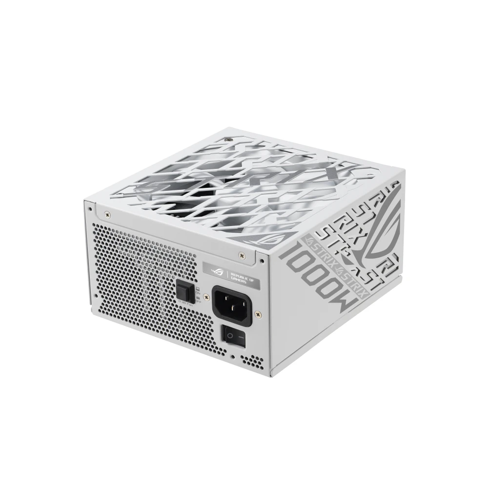 A large main feature product image of EX-DEMO ASUS ROG Strix 1000W Platinum PCIe 5.0 ATX Modular PSU - White
