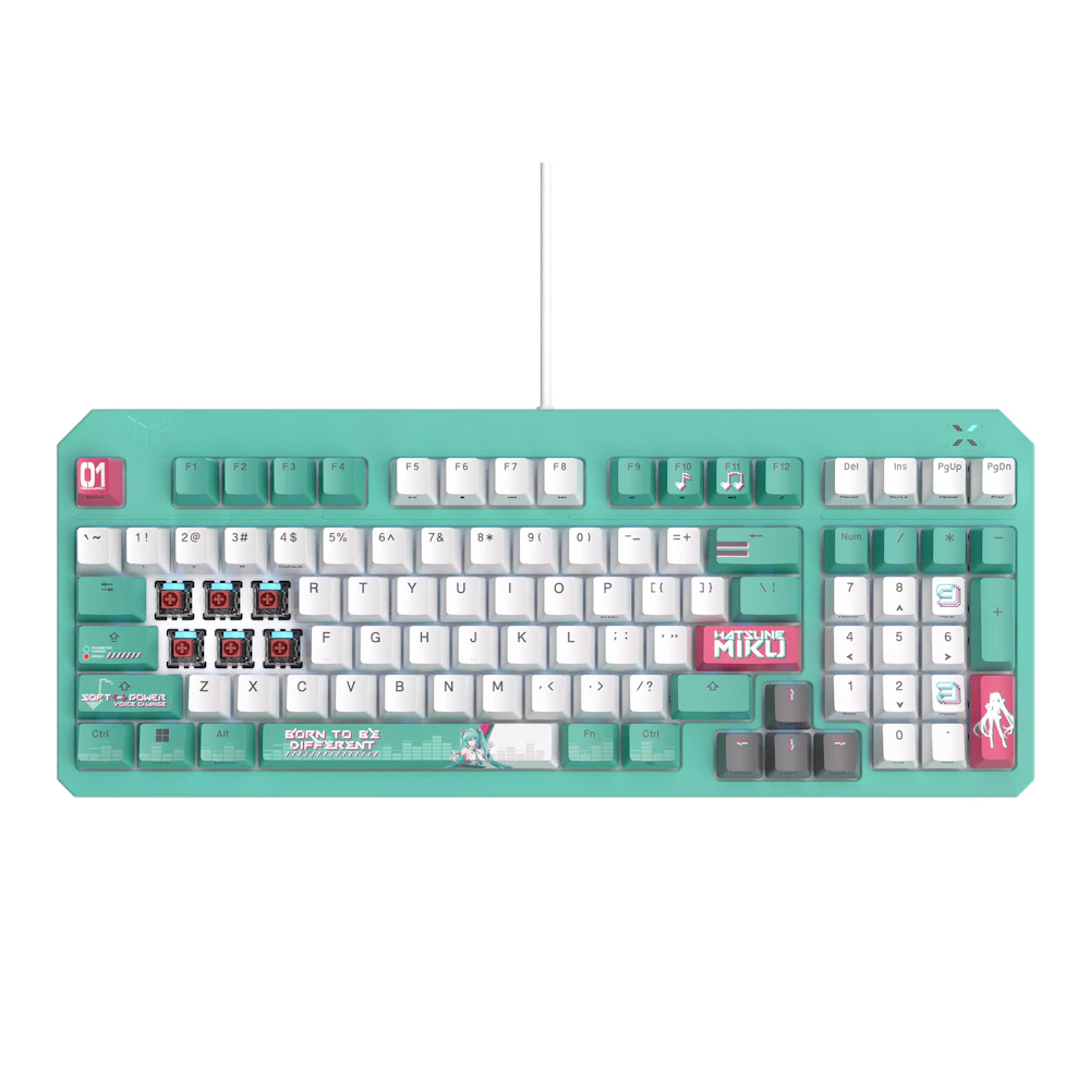 A large main feature product image of EX-DEMO ASUS TUF Gaming K3 Gen II Mechanical Gaming Keyboard - Hatsune Miku Edition