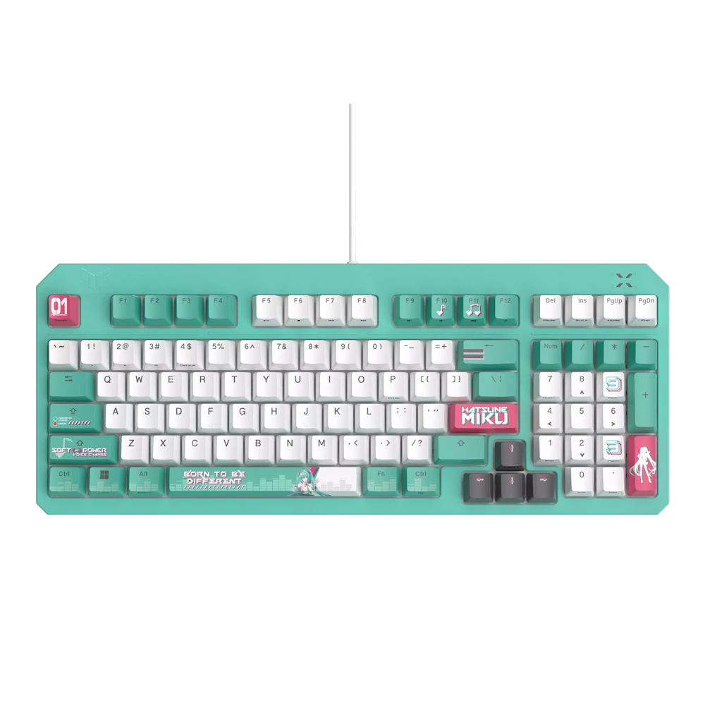 A large main feature product image of EX-DEMO ASUS TUF Gaming K3 Gen II Mechanical Gaming Keyboard - Hatsune Miku Edition