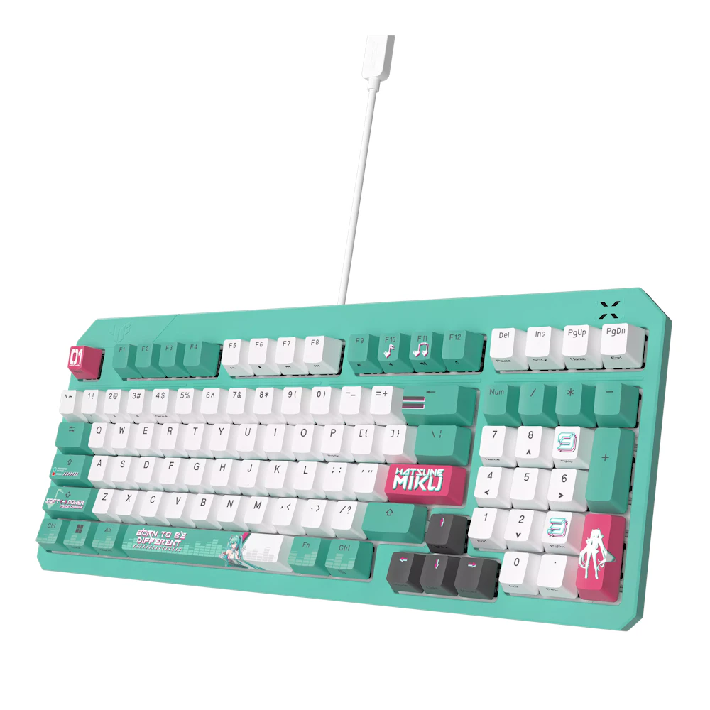 A large main feature product image of EX-DEMO ASUS TUF Gaming K3 Gen II Mechanical Gaming Keyboard - Hatsune Miku Edition