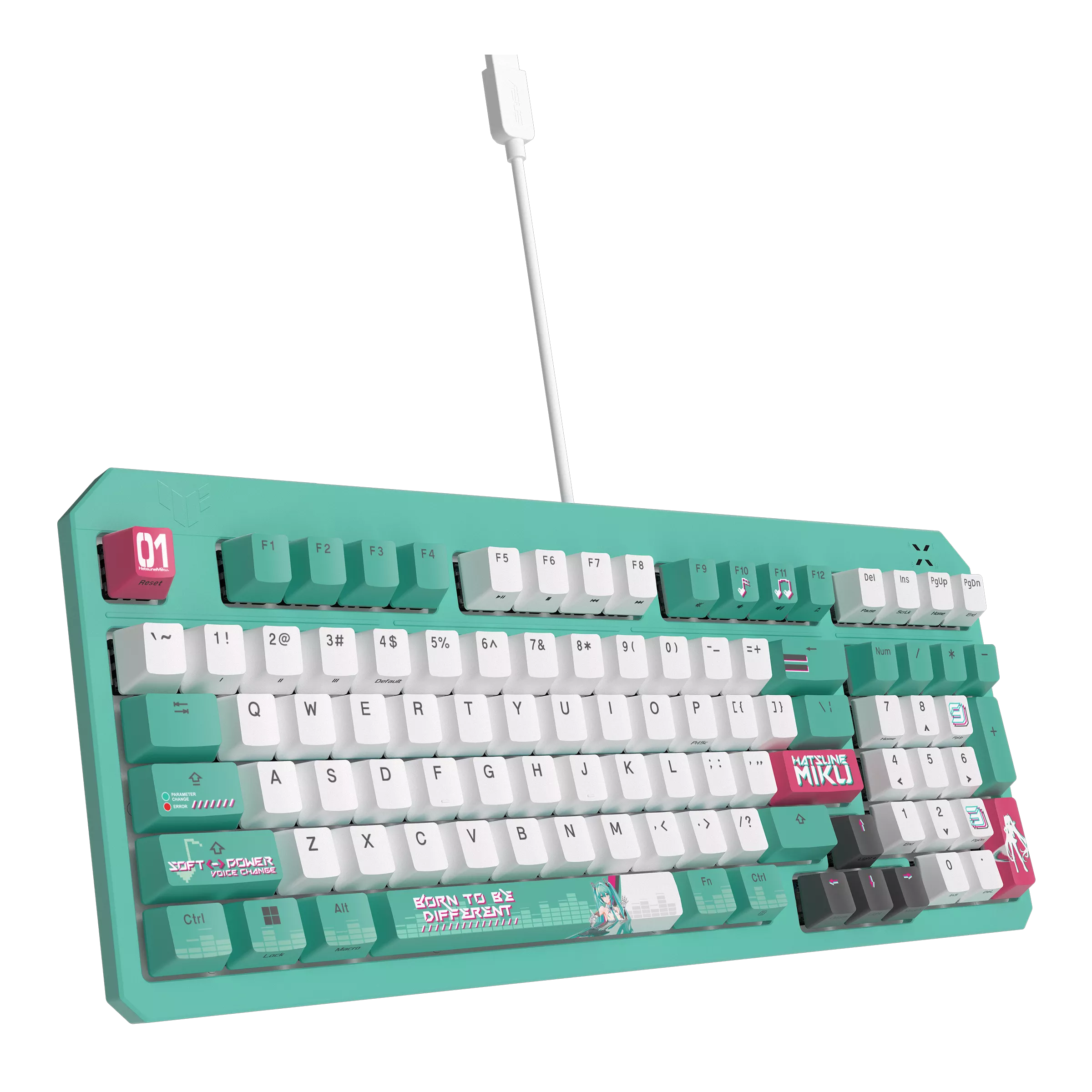 A large main feature product image of EX-DEMO ASUS TUF Gaming K3 Gen II Mechanical Gaming Keyboard - Hatsune Miku Edition