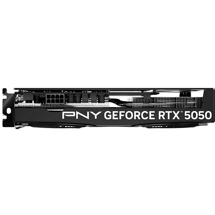 A large main feature product image of PNY GeForce RTX 5050 Dual Fan 8GB GDDR6