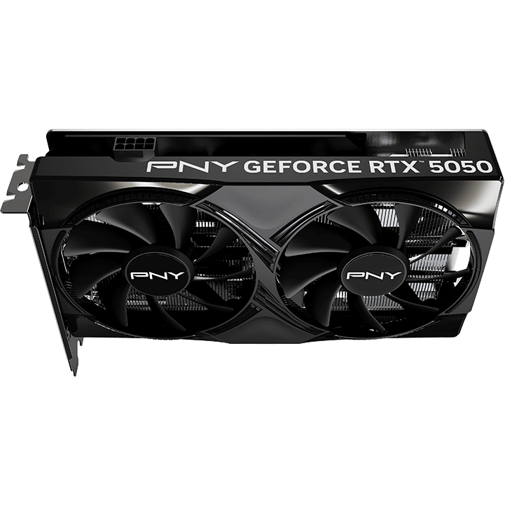 A large main feature product image of PNY GeForce RTX 5050 Dual Fan 8GB GDDR6