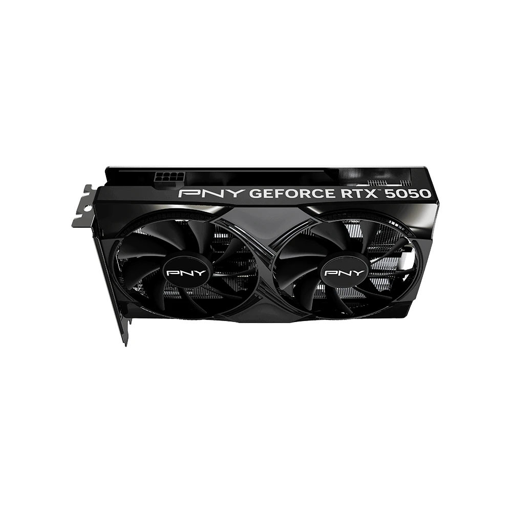 A large main feature product image of PNY GeForce RTX 5050 Dual Fan 8GB GDDR6