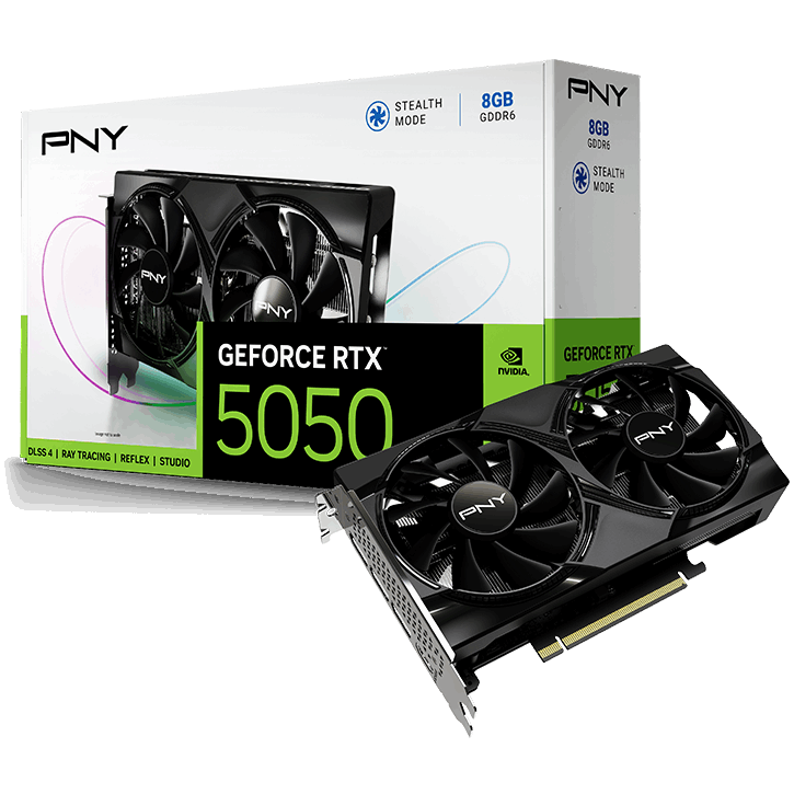 A large main feature product image of PNY GeForce RTX 5050 Dual Fan 8GB GDDR6