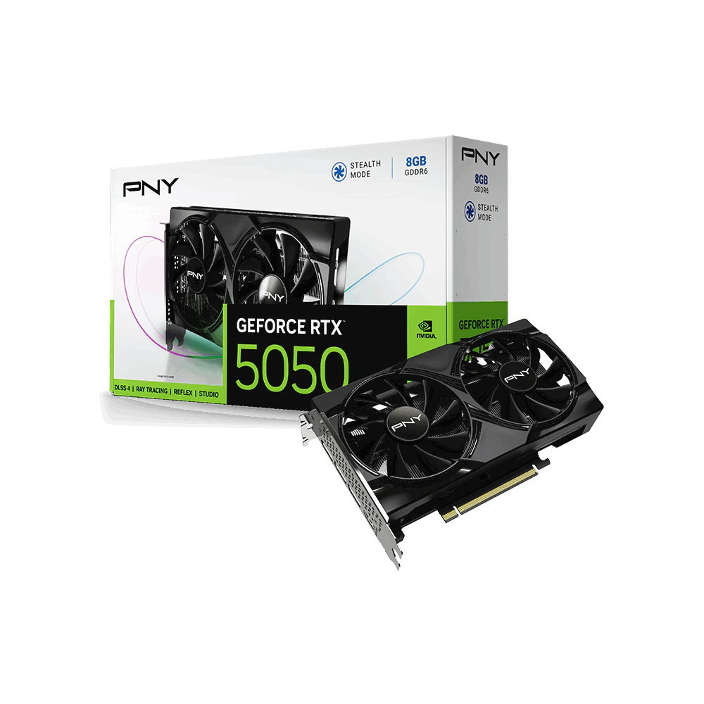A large main feature product image of PNY GeForce RTX 5050 Dual Fan 8GB GDDR6