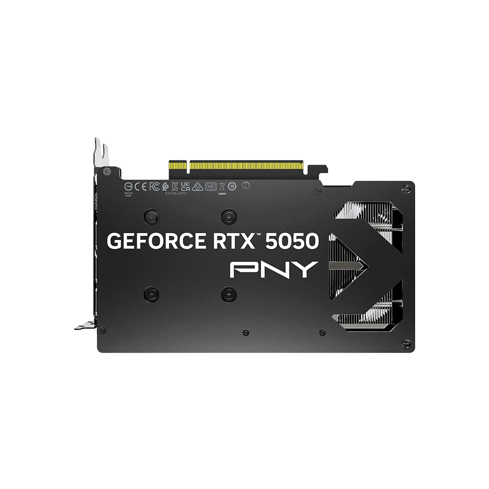 A large main feature product image of PNY GeForce RTX 5050 Dual Fan 8GB GDDR6