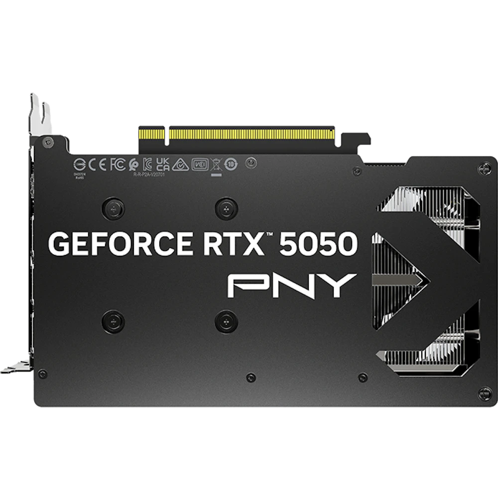 A large main feature product image of PNY GeForce RTX 5050 Dual Fan 8GB GDDR6