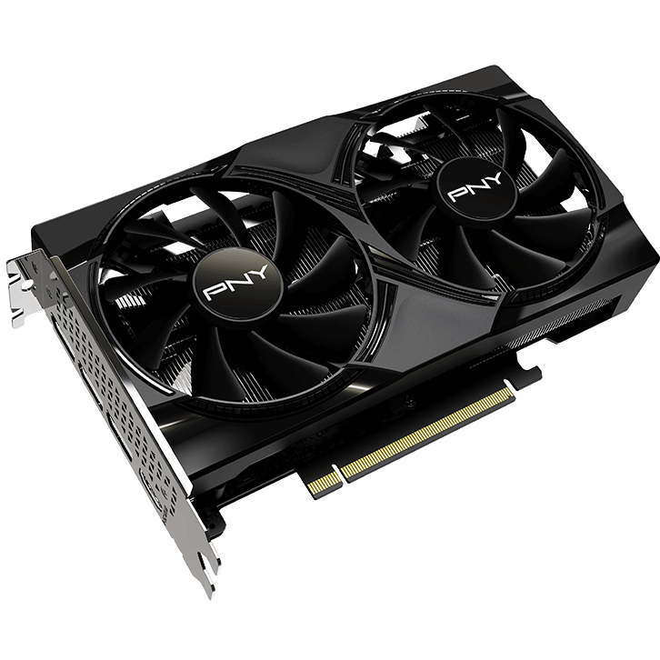 A large main feature product image of PNY GeForce RTX 5050 Dual Fan 8GB GDDR6