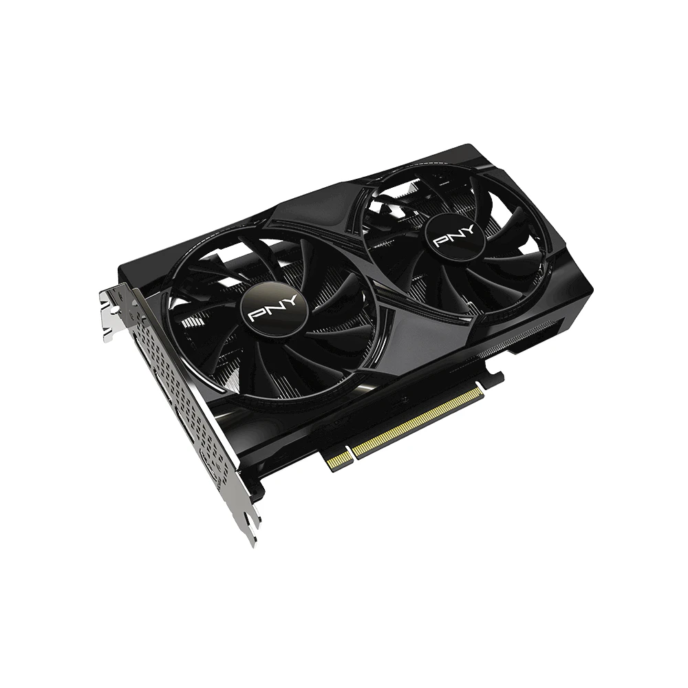 A large main feature product image of PNY GeForce RTX 5050 Dual Fan 8GB GDDR6