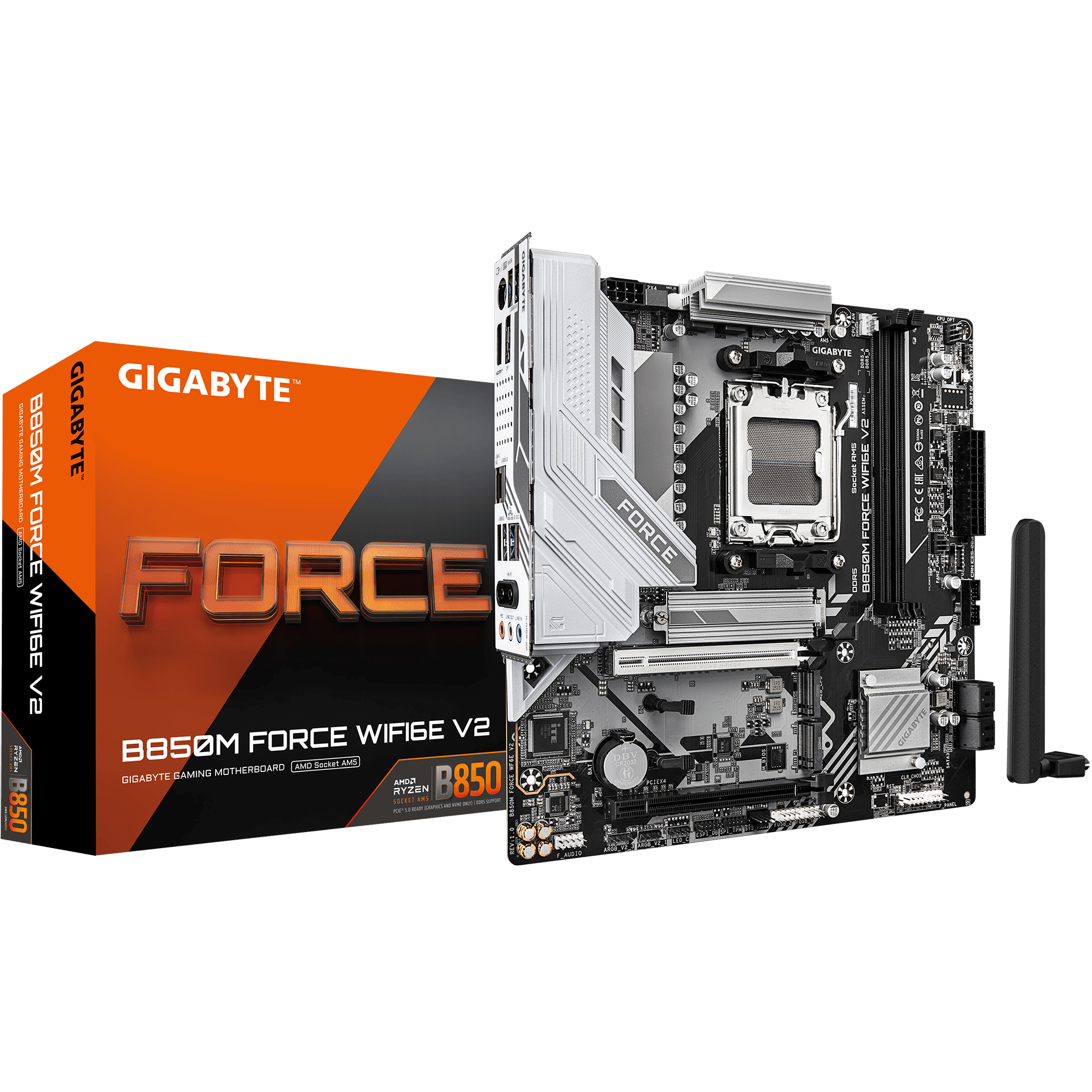 A large main feature product image of Gigabyte B850M Force WiFi6E V2 AM5 mATX Desktop Motherboard