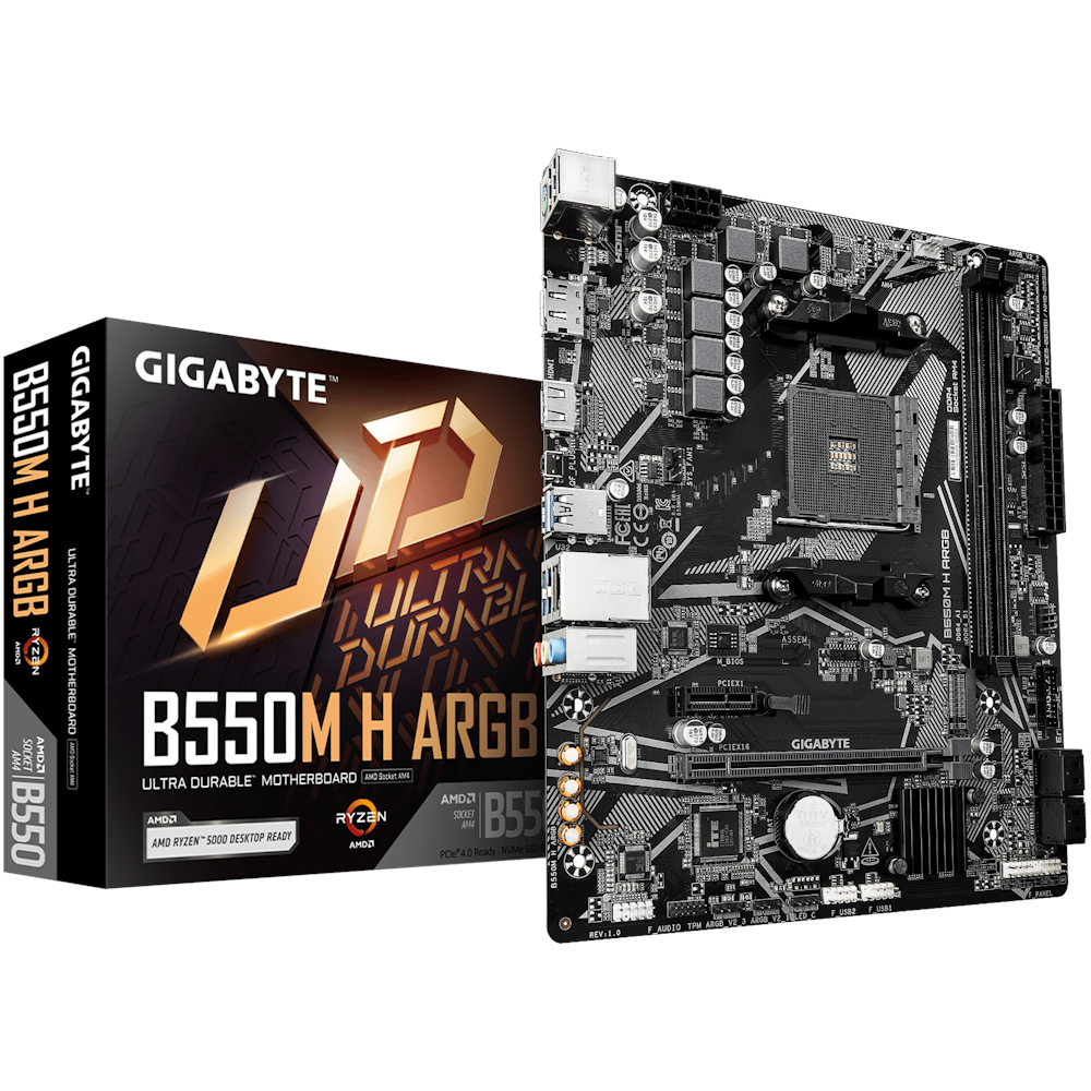 A large main feature product image of Gigabyte B550M H ARGB AM4 mATX Desktop Motherboard
