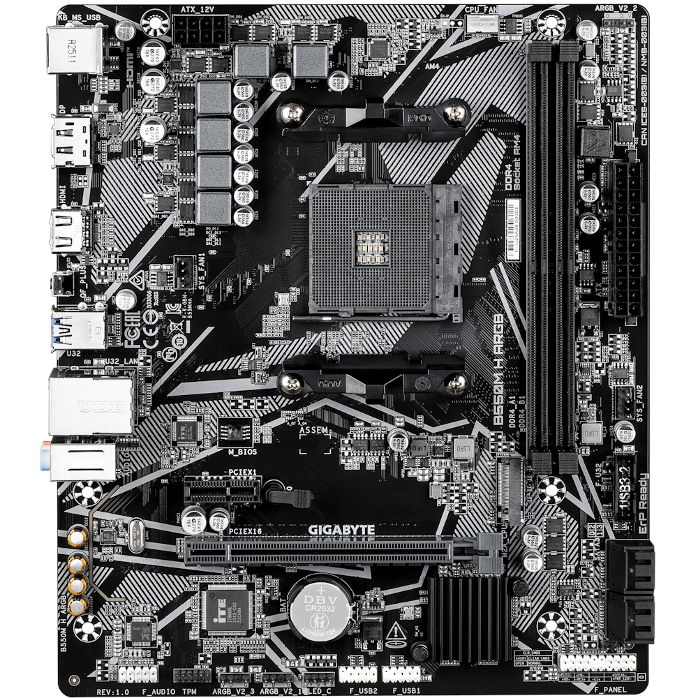 A large main feature product image of Gigabyte B550M H ARGB AM4 mATX Desktop Motherboard