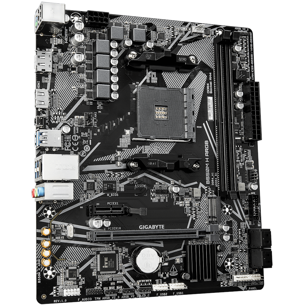 A large main feature product image of Gigabyte B550M H ARGB AM4 mATX Desktop Motherboard