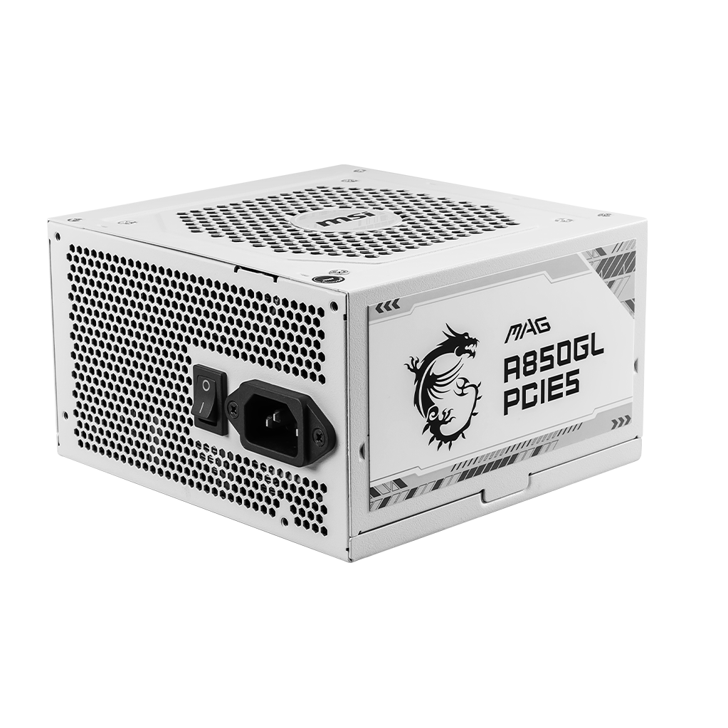 A large main feature product image of EX-DEMO MSI MAG A850GL - 850W Gold PCIe 5.0 ATX Modular PSU (White)
