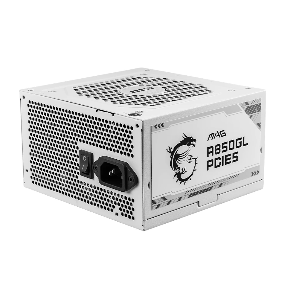A large main feature product image of EX-DEMO MSI MAG A850GL - 850W Gold PCIe 5.0 ATX Modular PSU (White)