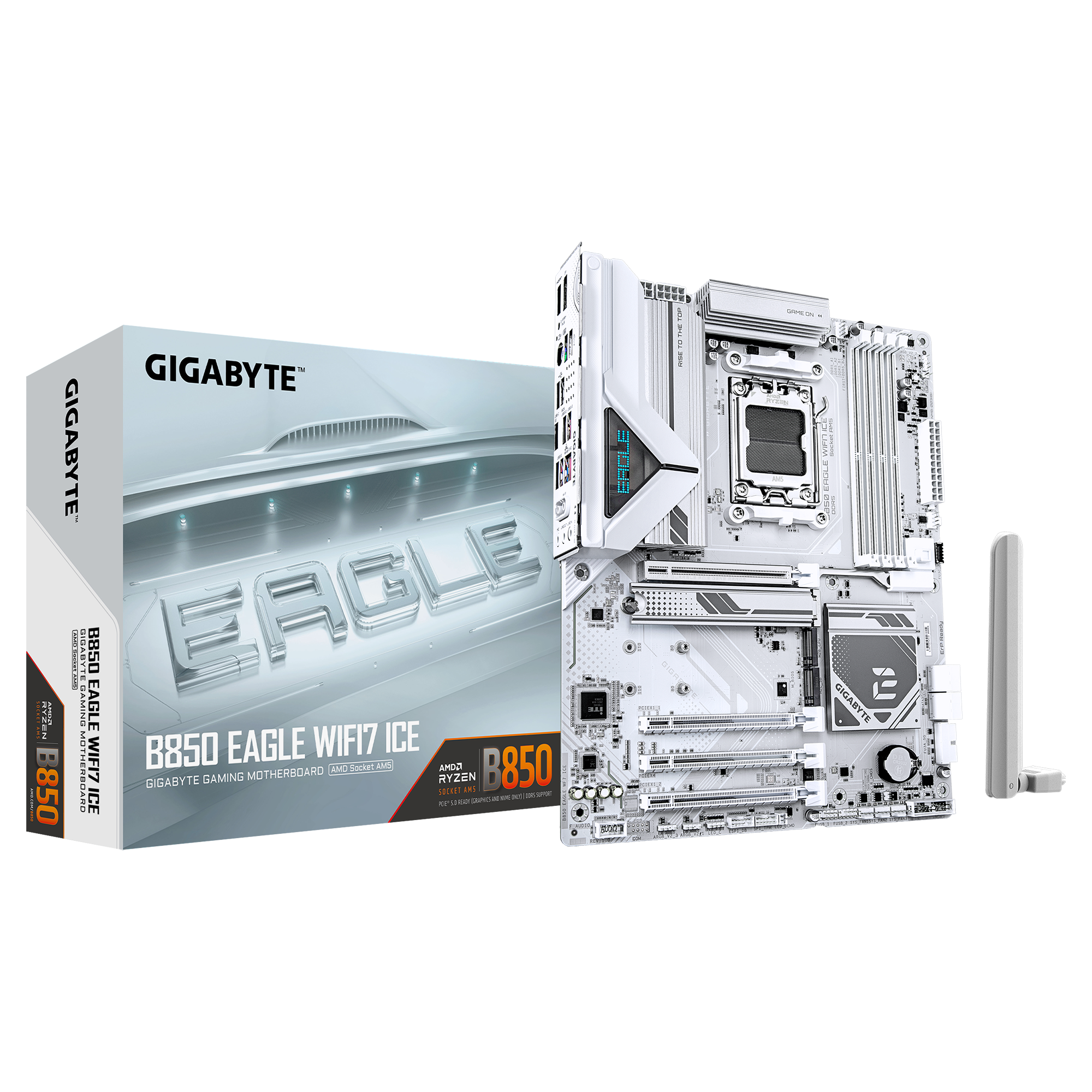 A large main feature product image of EX-DEMO Gigabyte B850 EAGLE WiFi7 ICE AM5 ATX Desktop Motherboard