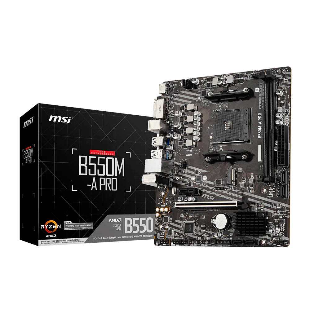 A large main feature product image of MSI B550M-A PRO AM4 mATX Desktop Motherboard