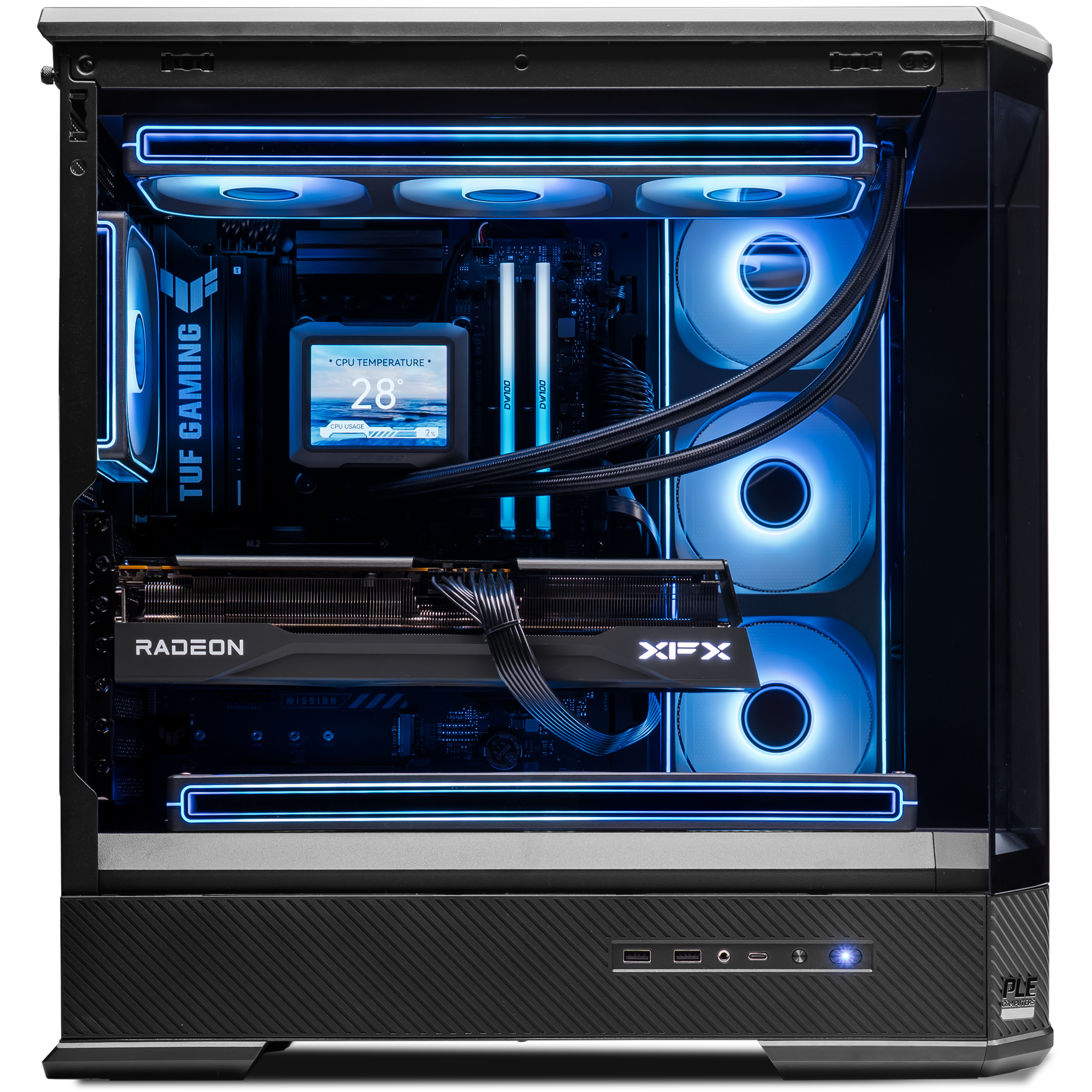 A large main feature product image of PLE Monsoon RX 9070 XT Prebuilt Ready To Go Gaming PC