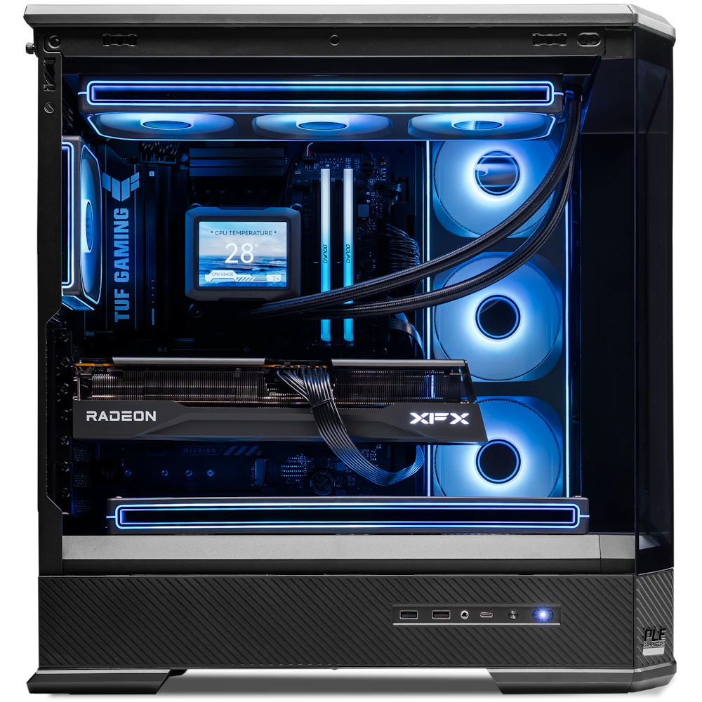 A large main feature product image of PLE Monsoon RX 9070 XT Prebuilt Ready To Go Gaming PC