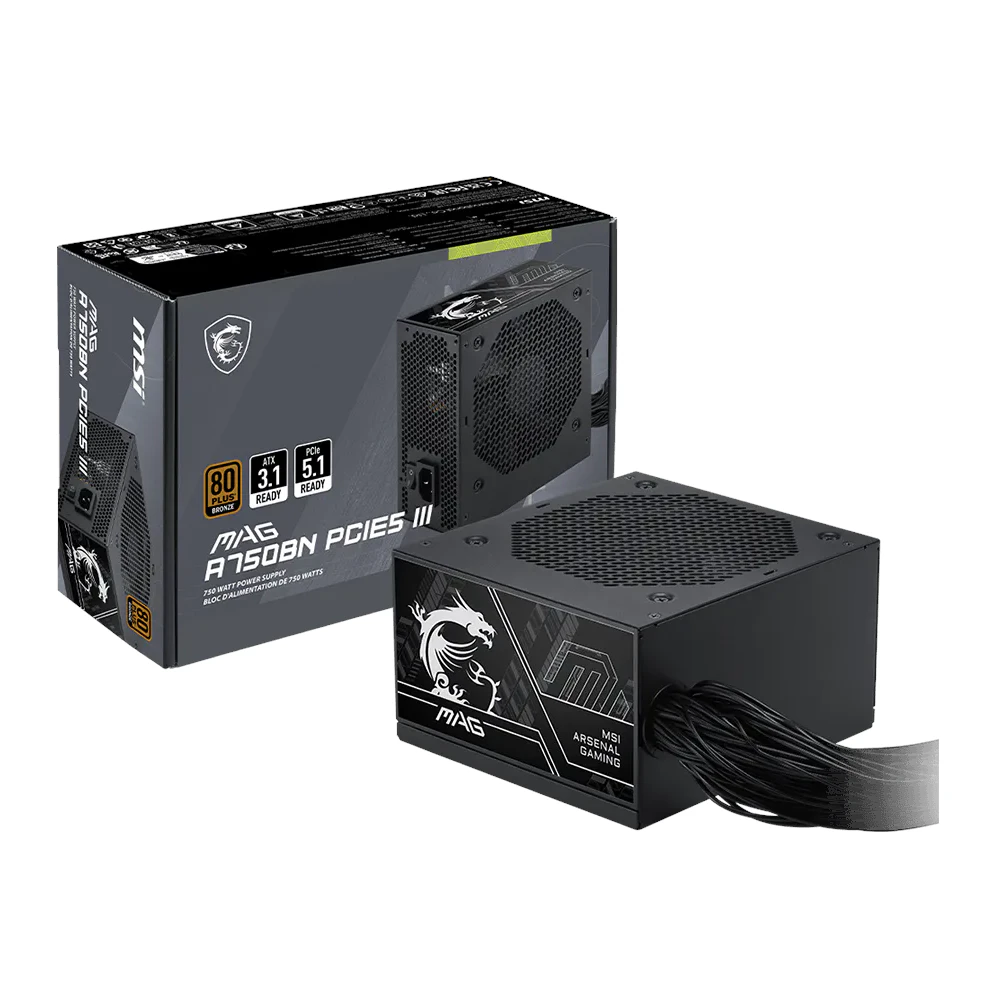 A large main feature product image of #PCR MSI MAG A750BN PCIE5 III - 750W Bronze PCIe 5.0 ATX PSU