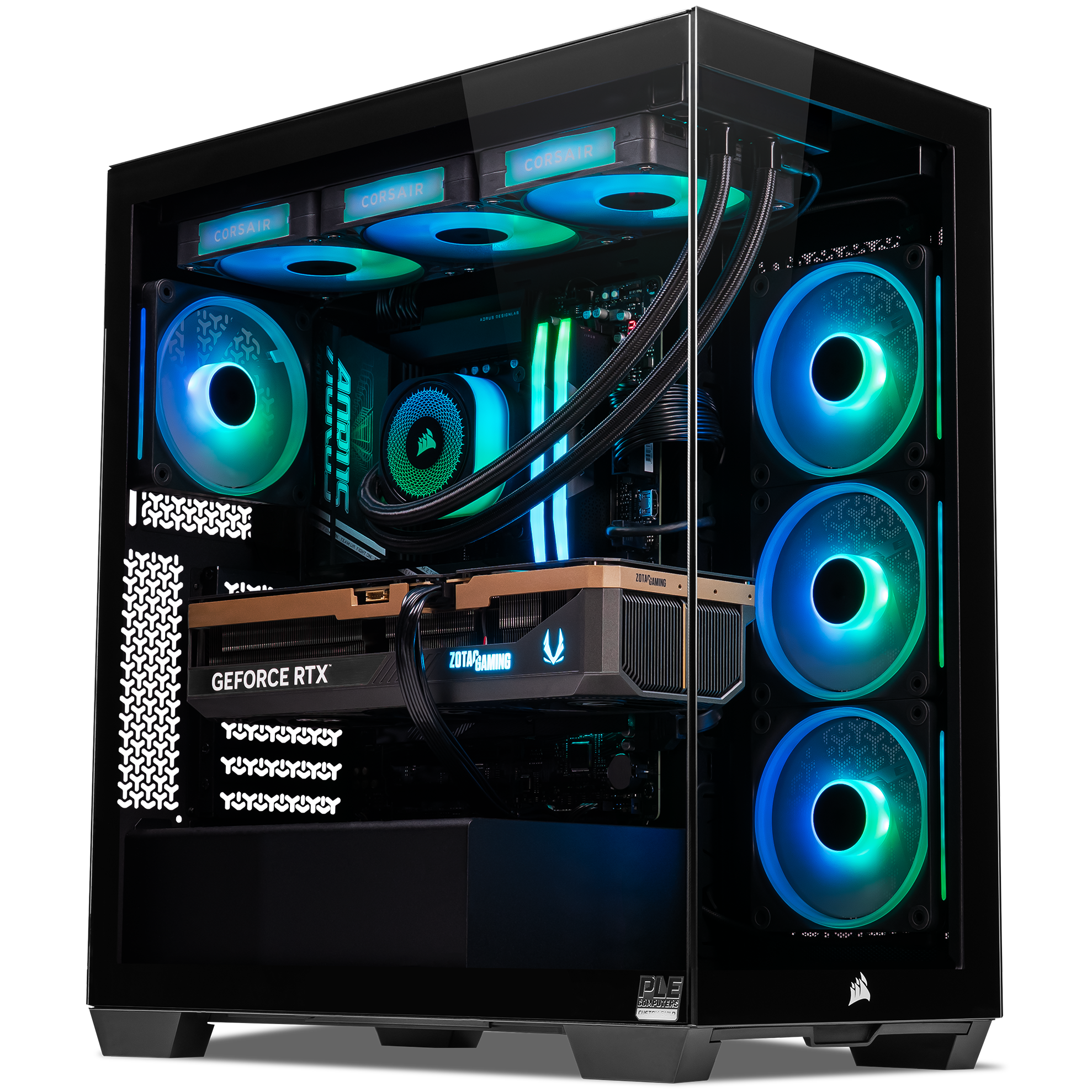 A large main feature product image of PLE Trident RTX 5090 Prebuilt Ready To Go Gaming PC