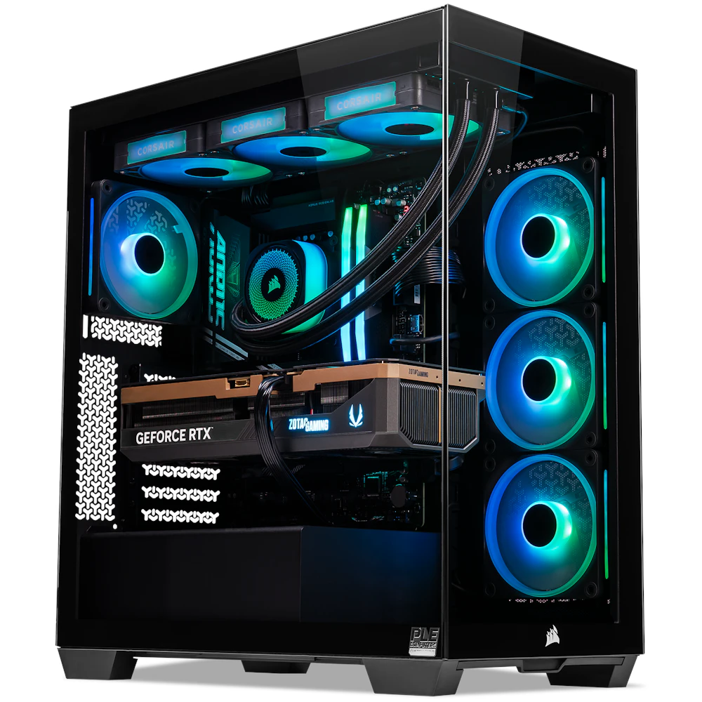 A large main feature product image of PLE Trident RTX 5090 Prebuilt Ready To Go Gaming PC