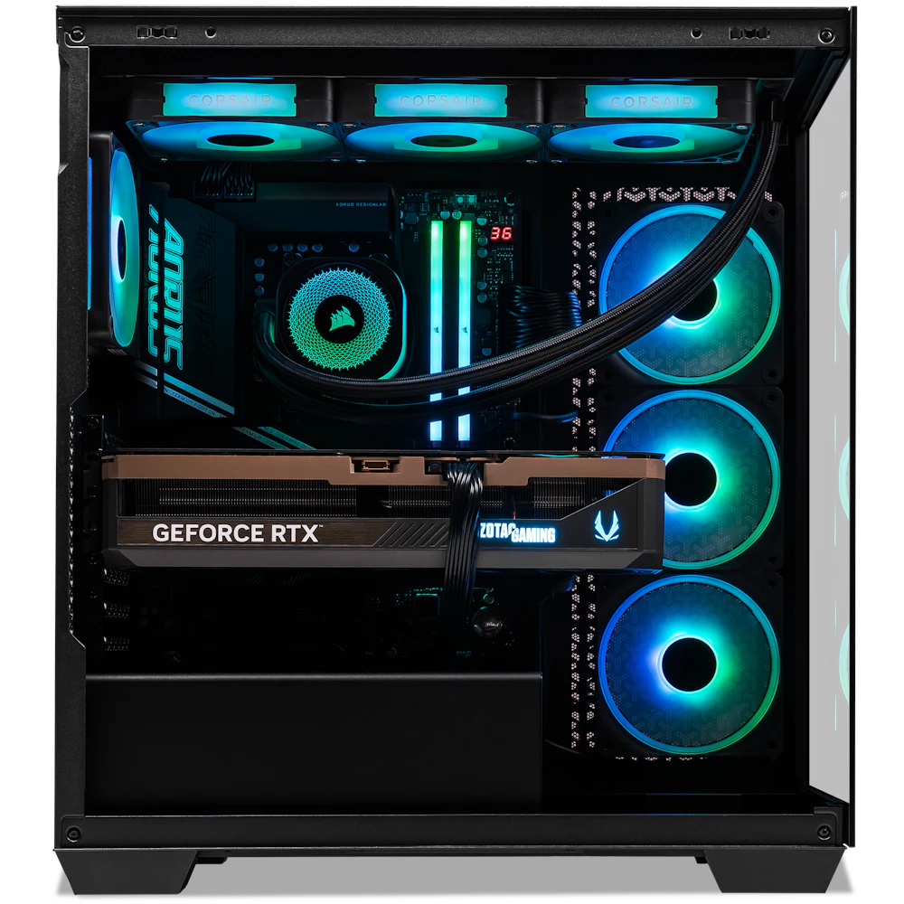 A large main feature product image of PLE Trident RTX 5090 Prebuilt Ready To Go Gaming PC