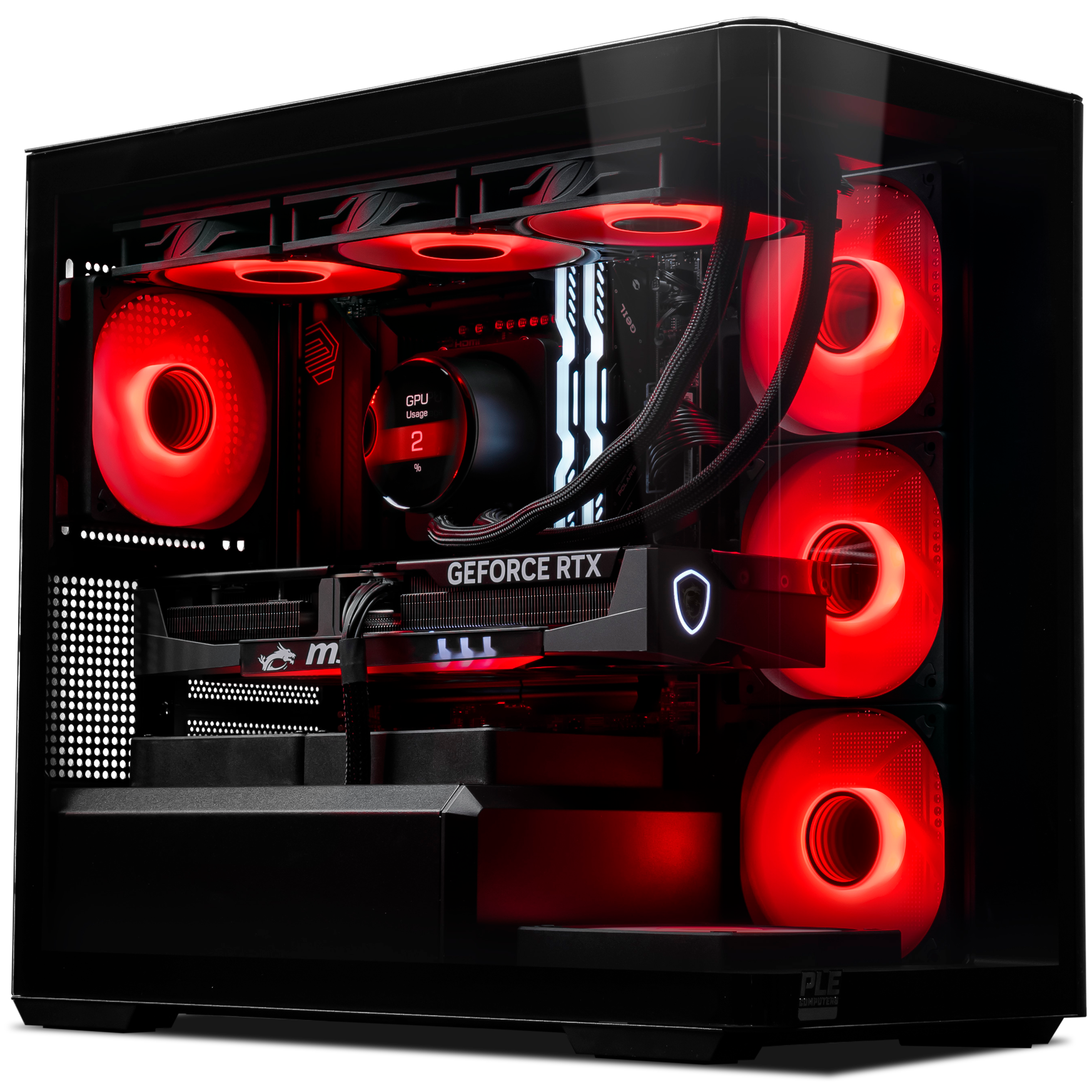 A large main feature product image of PLE Crimson RTX 5080 Prebuilt Ready To Go Gaming PC