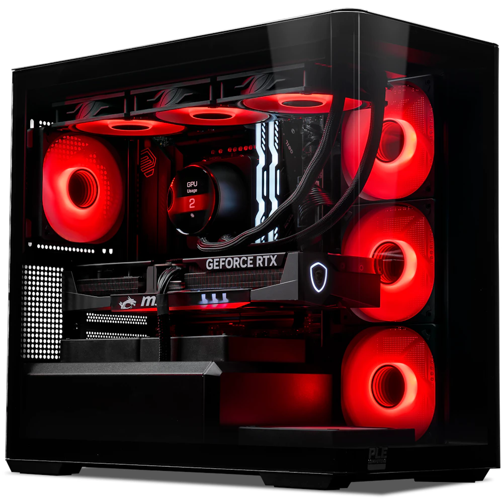 A large main feature product image of PLE Crimson RTX 5080 Prebuilt Ready To Go Gaming PC