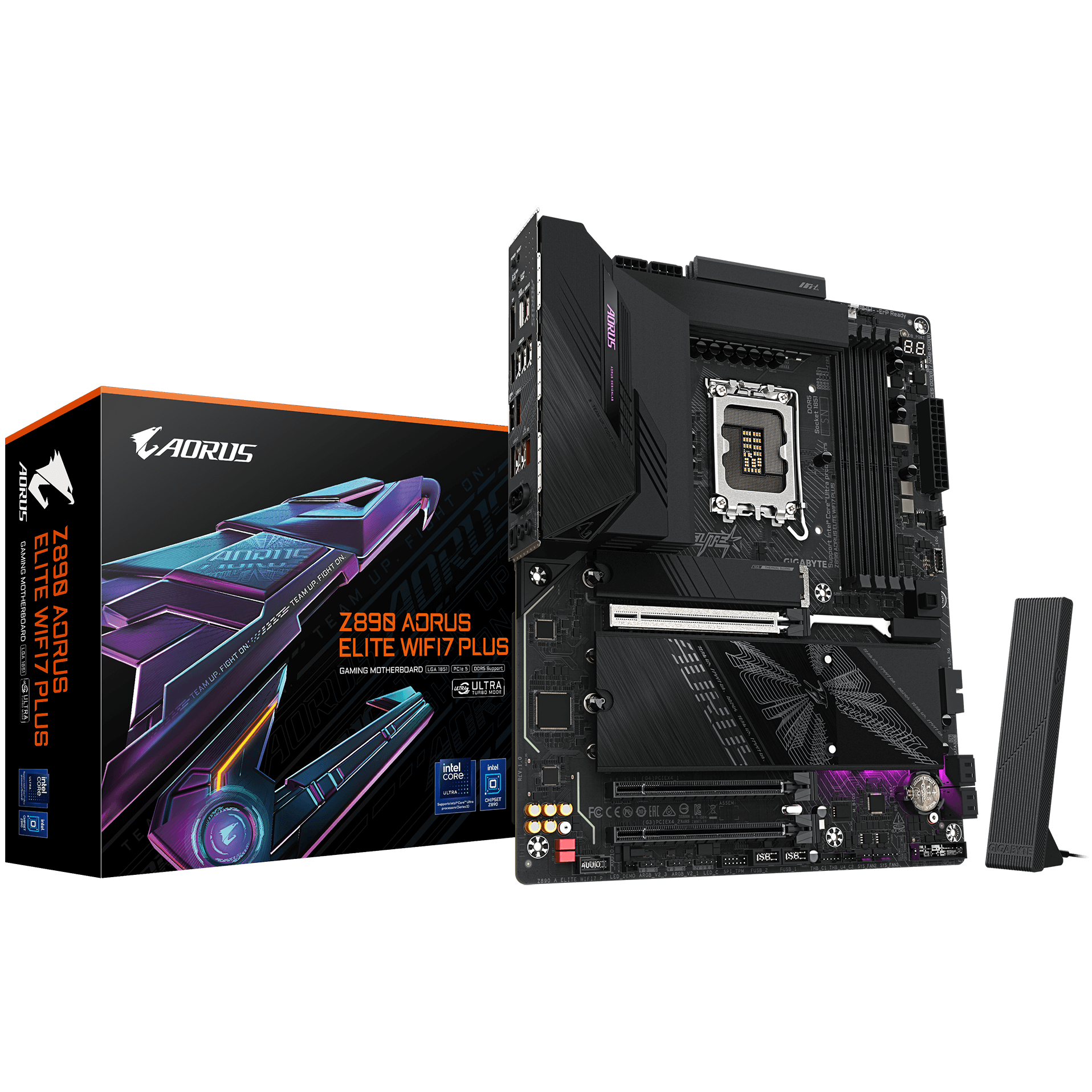 A large main feature product image of Gigabyte Z890 AORUS ELITE WIFI7 PLUS LGA1851 ATX Desktop Motherboard