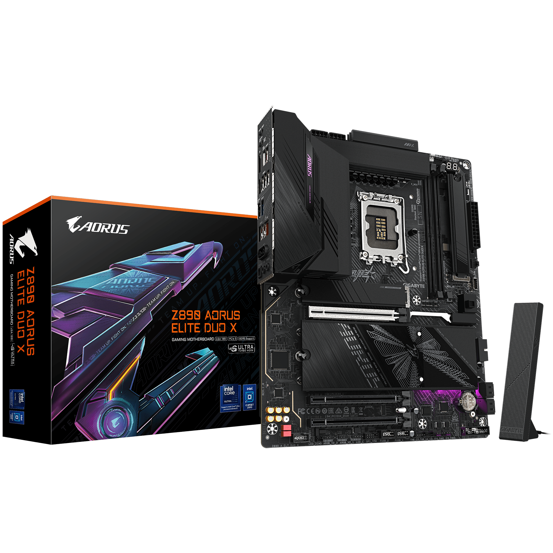A large main feature product image of Gigabyte Z890 AORUS ELITE DUO X LGA1851 ATX Desktop Motherboard