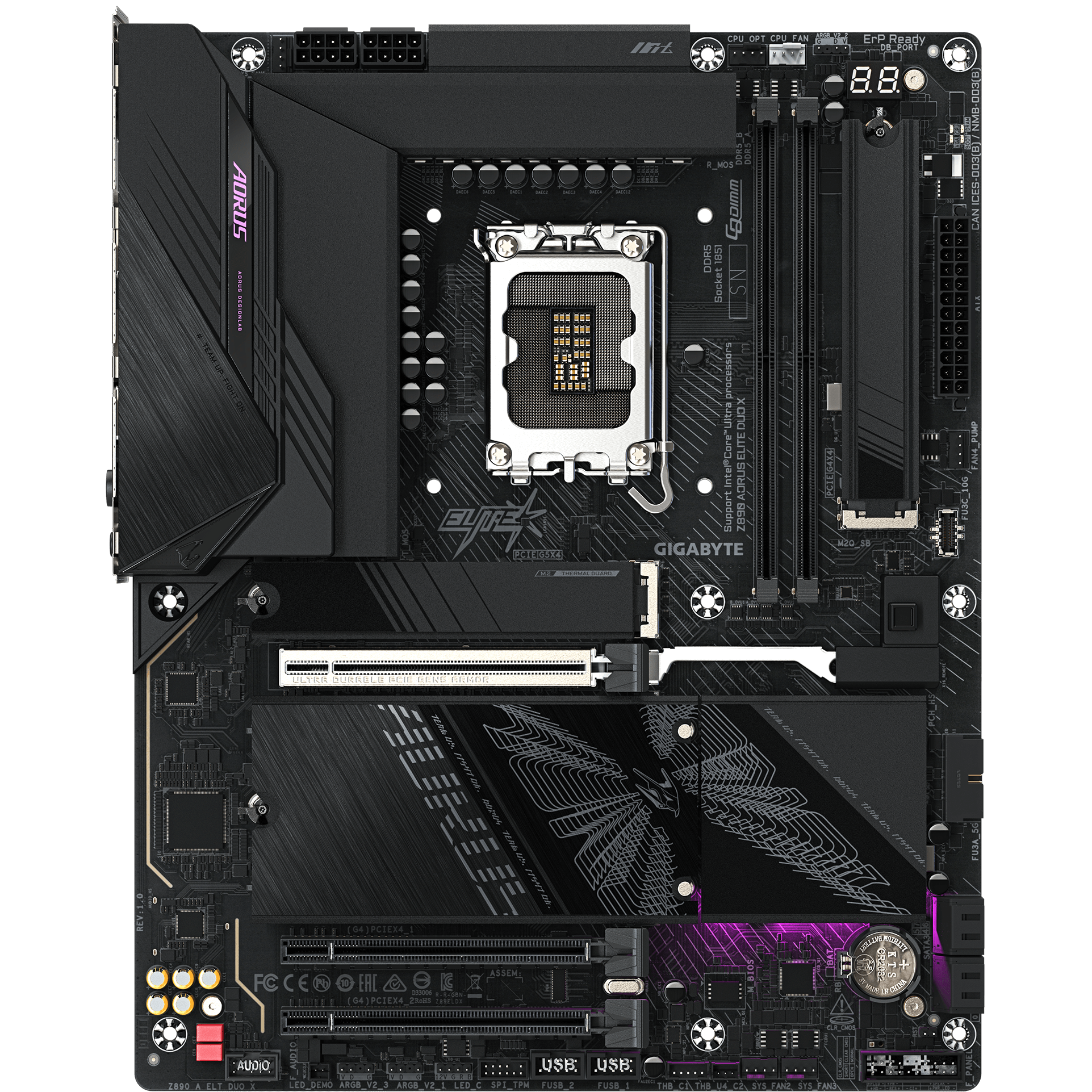 A large main feature product image of Gigabyte Z890 AORUS ELITE DUO X LGA1851 ATX Desktop Motherboard